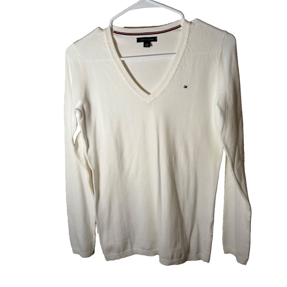 Tommy Hilfiger Sweater Women's XS V-Neck Long Sleeve Cream Knit Preppy